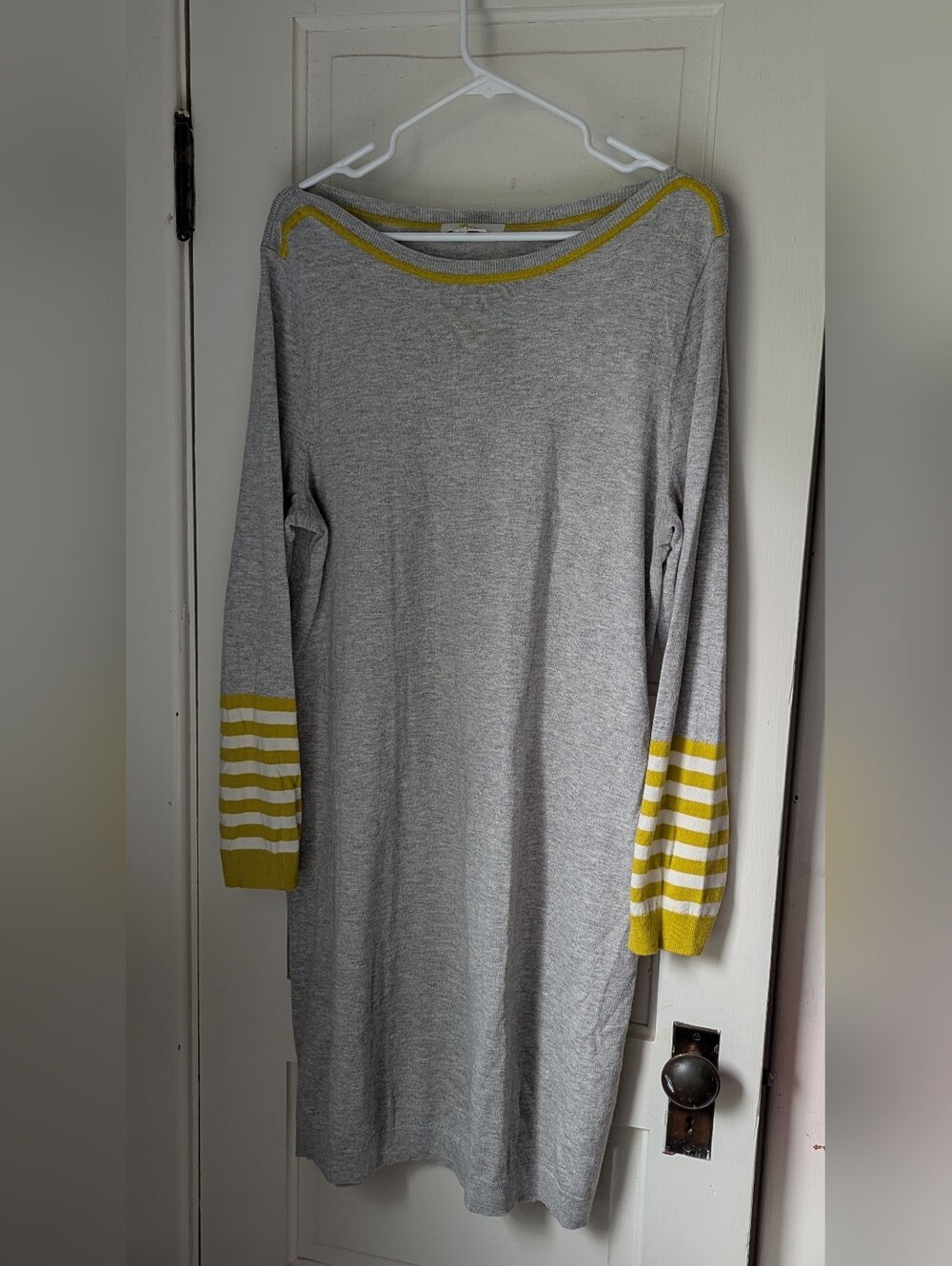 NEW! Boden Tunic Sweater Dress Top Light Grey with Yellow & White Striped Cuffs